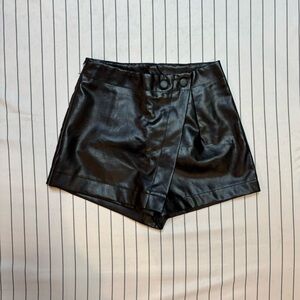 Black High Waist Faux Leather Wrap Skort